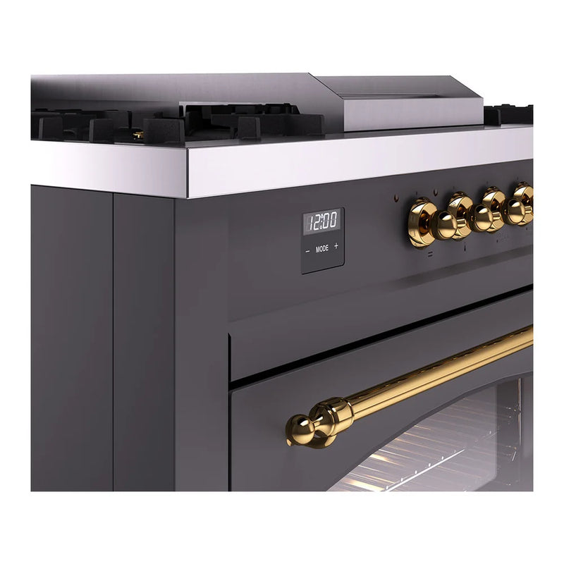 ILVE Nostalgie II 60" Dual Fuel Freestanding Range in Graphite Matte with Brass Trim, UP60FSNMPMGGLP