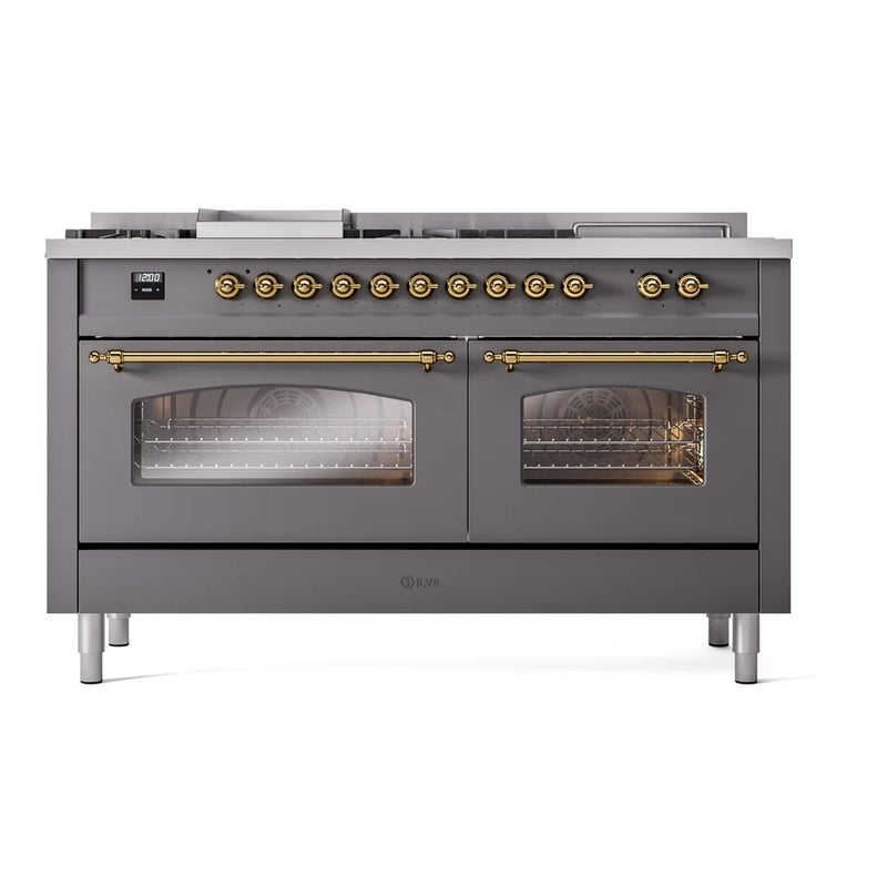 ILVE Nostalgie II 60" Dual Fuel Freestanding Range in Graphite Matte with Brass Trim, UP60FSNMPMGG