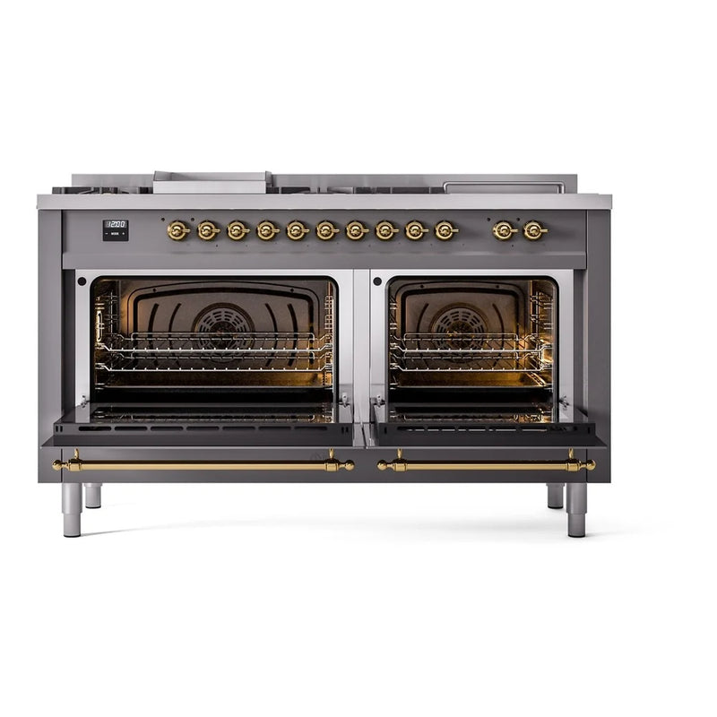 ILVE Nostalgie II 60" Dual Fuel Freestanding Range in Graphite Matte with Brass Trim, UP60FSNMPMGG