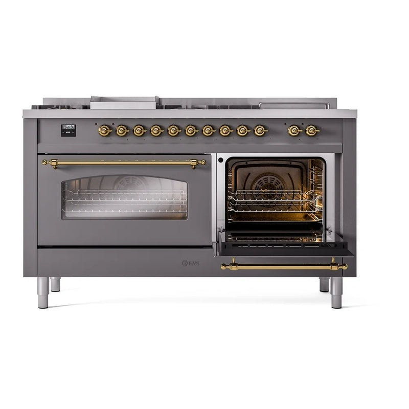 ILVE Nostalgie II 60" Dual Fuel Freestanding Range in Graphite Matte with Brass Trim, UP60FSNMPMGG