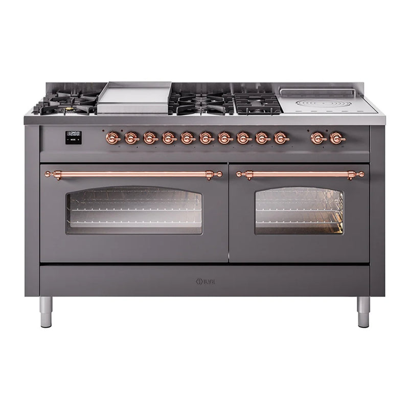 ILVE Nostalgie II 60" Dual Fuel Freestanding Range in Graphite Matte with Copper Trim, UP60FSNMPMGP