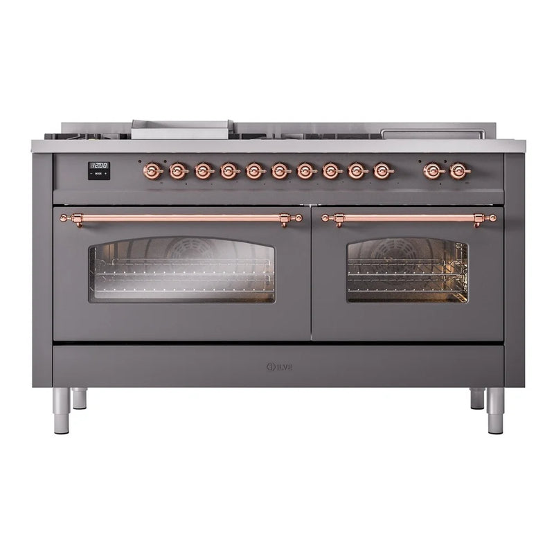 ILVE Nostalgie II 60" Dual Fuel Freestanding Range in Graphite Matte with Copper Trim, UP60FSNMPMGP