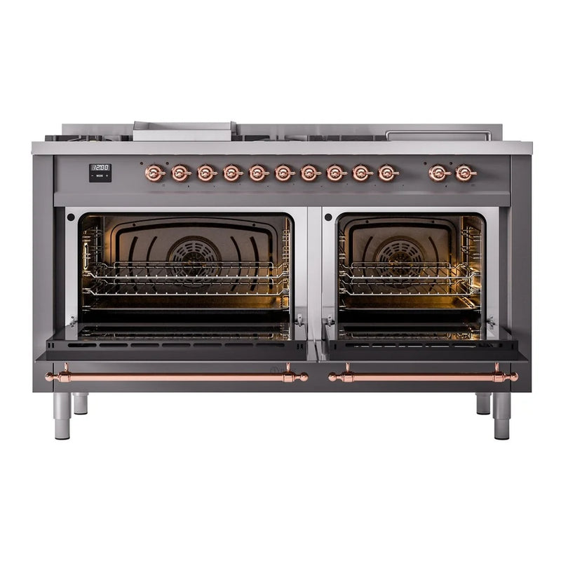 ILVE Nostalgie II 60" Dual Fuel Freestanding Range in Graphite Matte with Copper Trim, UP60FSNMPMGP