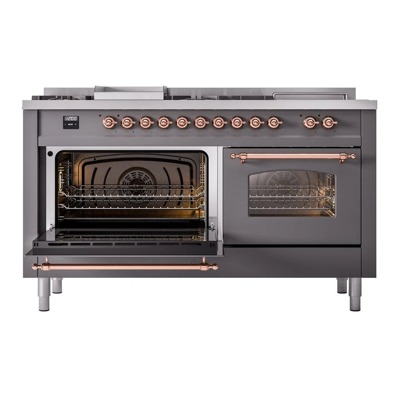 ILVE Nostalgie II 60" Dual Fuel Freestanding Range in Graphite Matte with Copper Trim, UP60FSNMPMGP