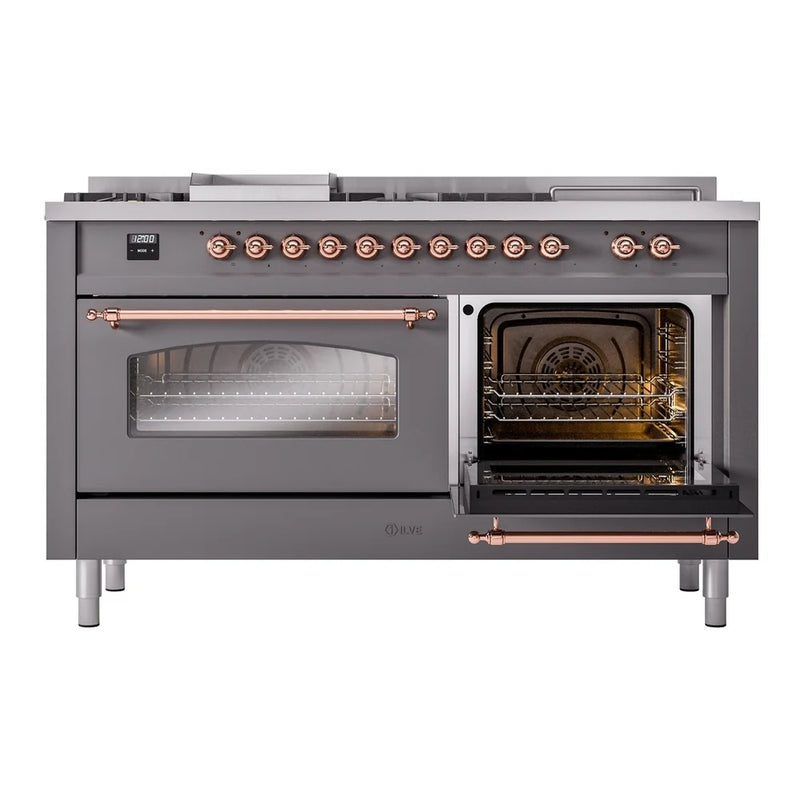 ILVE Nostalgie II 60" Dual Fuel Freestanding Range in Graphite Matte with Copper Trim, UP60FSNMPMGP
