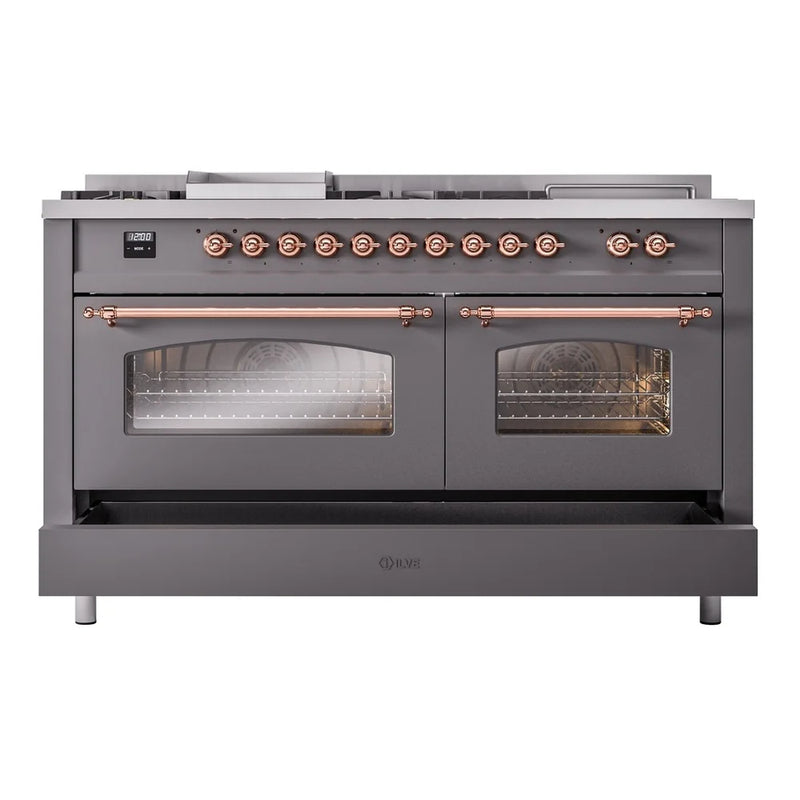 ILVE Nostalgie II 60" Dual Fuel Freestanding Range in Graphite Matte with Copper Trim, UP60FSNMPMGP