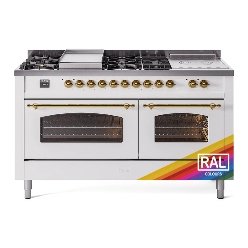 ILVE Nostalgie II 60" Dual Fuel Freestanding Range in RAL Color with Brass Trim, UP60FSNMPRAGLP