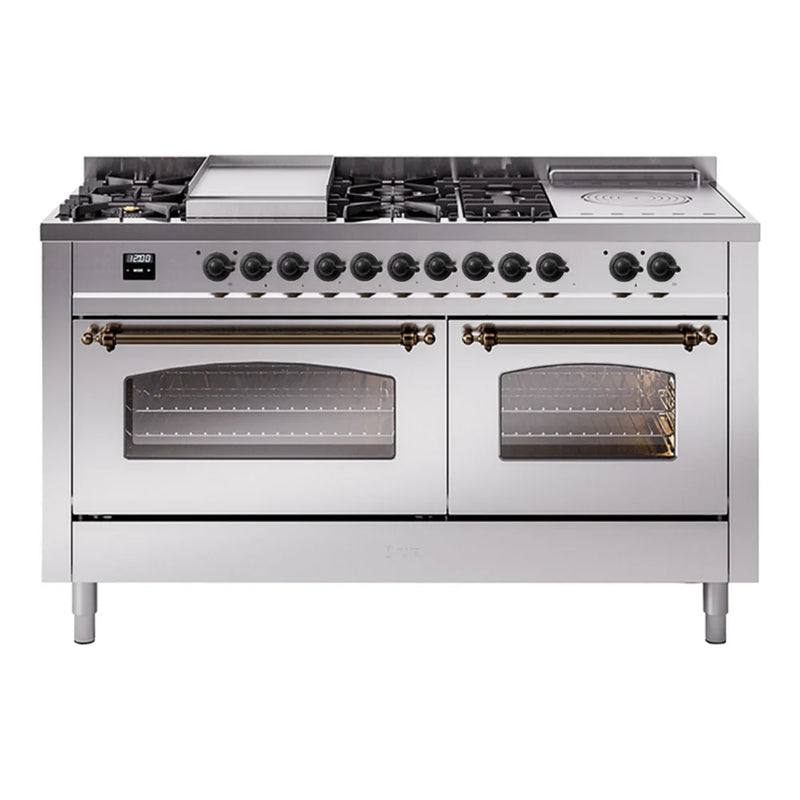 ILVE Nostalgie II 60" Dual Fuel Freestanding Range in Stainless Steel with Burnished Trim, UP60FSNMPSSBLP