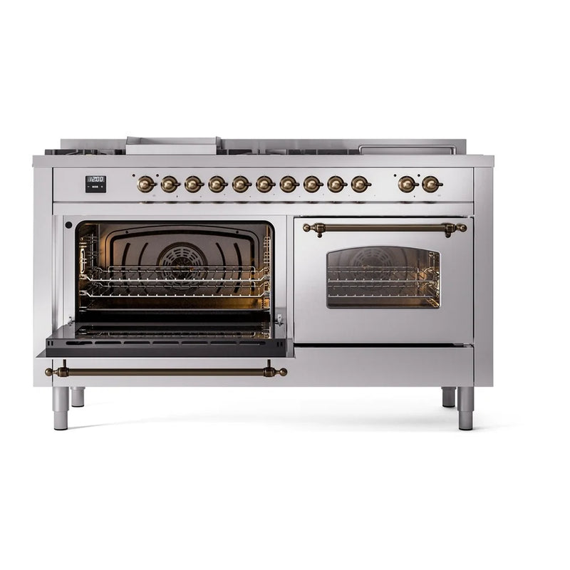 ILVE Nostalgie II 60" Dual Fuel Freestanding Range in Stainless Steel with Burnished Trim, UP60FSNMPSSBLP
