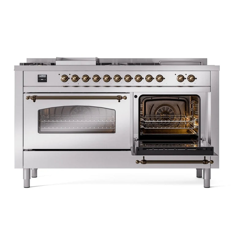 ILVE Nostalgie II 60" Dual Fuel Freestanding Range in Stainless Steel with Burnished Trim, UP60FSNMPSSBLP