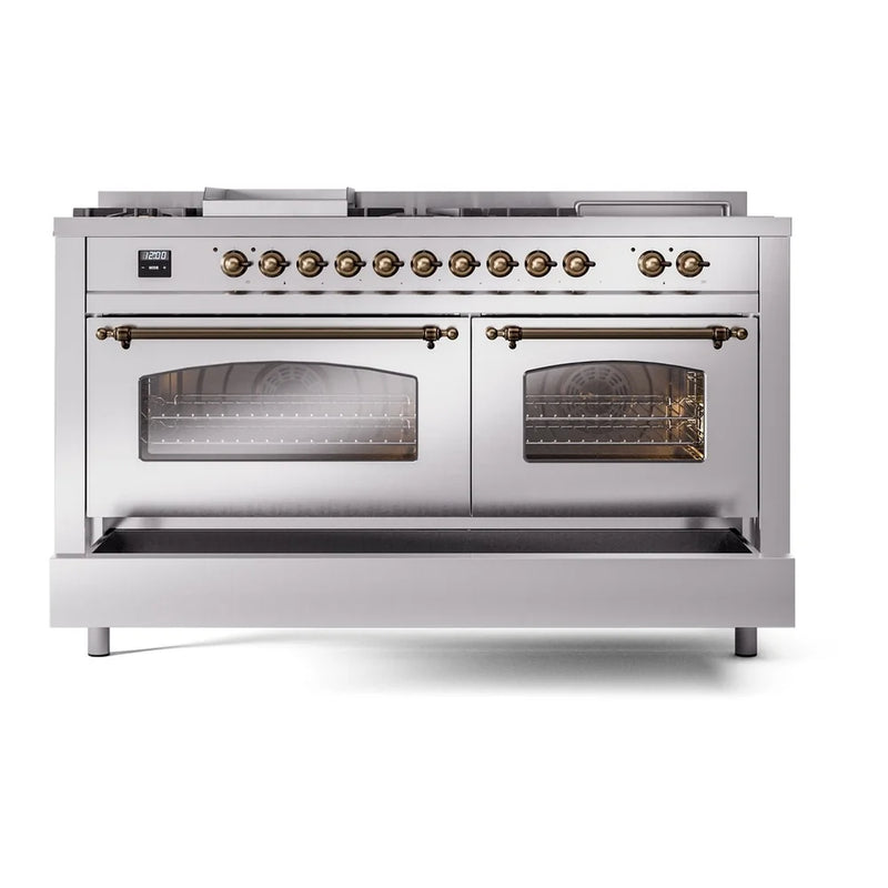 ILVE Nostalgie II 60" Dual Fuel Freestanding Range in Stainless Steel with Burnished Trim, UP60FSNMPSSBLP
