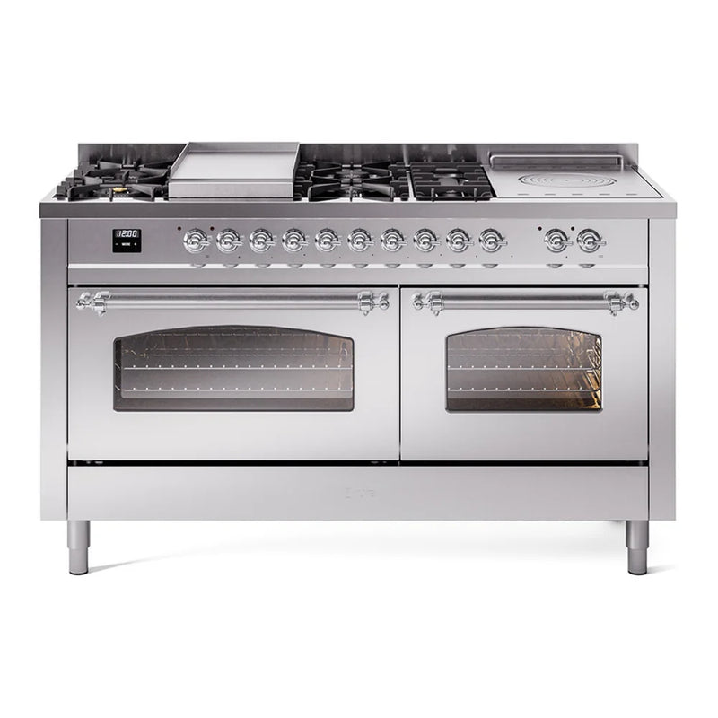 ILVE Nostalgie II 60" Dual Fuel Freestanding Range in Stainless Steel with Chrome Trim, UP60FSNMPSSCLP