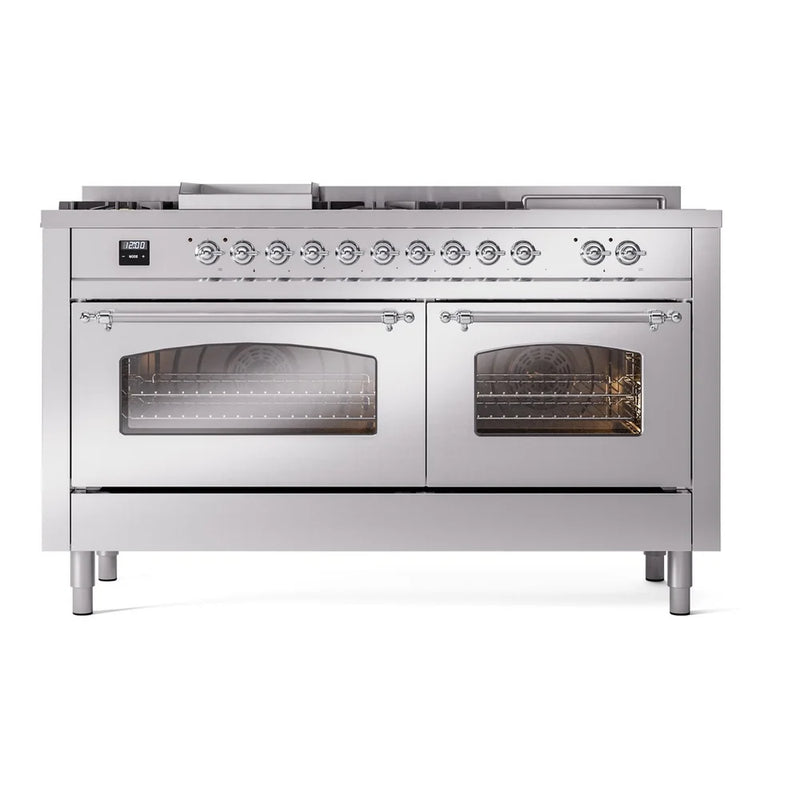 ILVE Nostalgie II 60" Dual Fuel Freestanding Range in Stainless Steel with Chrome Trim, UP60FSNMPSSCLP