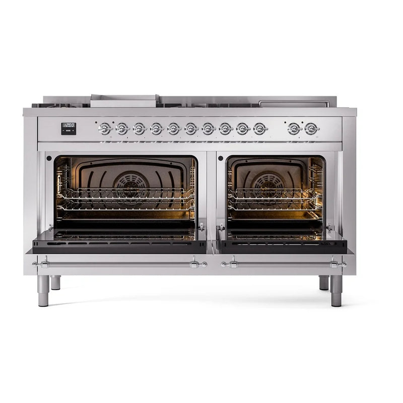 ILVE Nostalgie II 60" Dual Fuel Freestanding Range in Stainless Steel with Chrome Trim, UP60FSNMPSSCLP