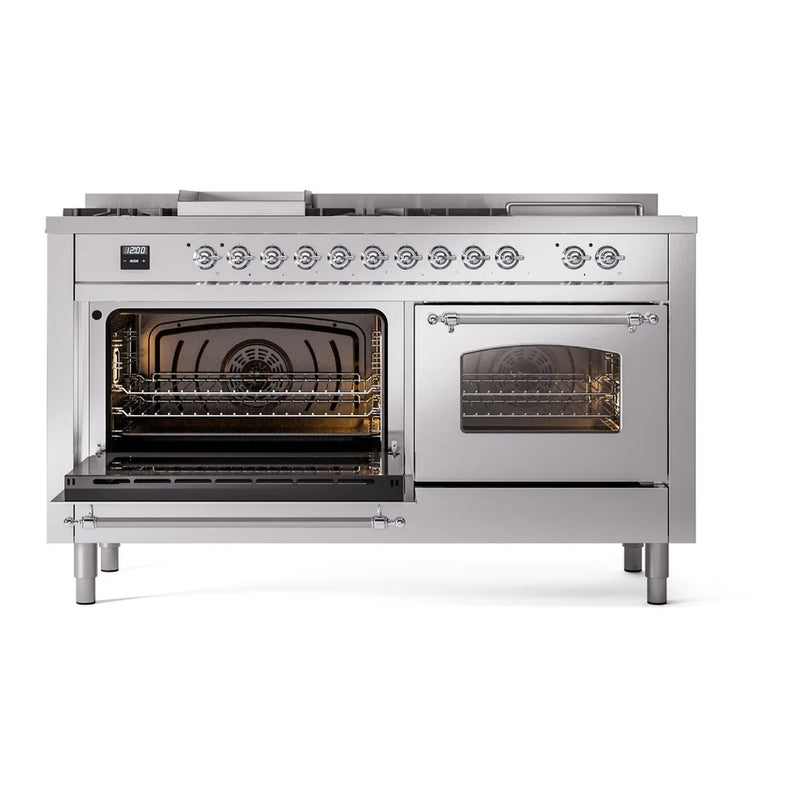 ILVE Nostalgie II 60" Dual Fuel Freestanding Range in Stainless Steel with Chrome Trim, UP60FSNMPSSCLP
