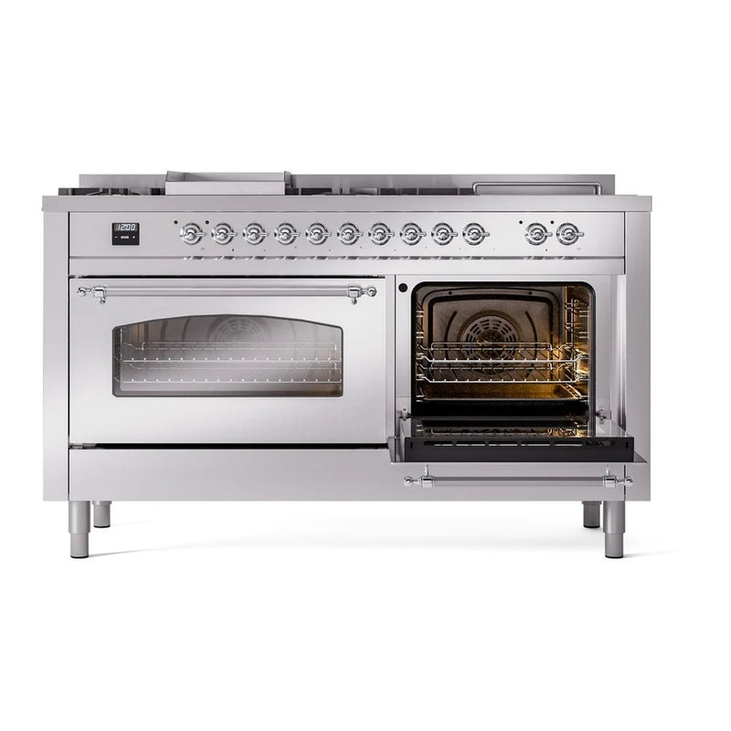 ILVE Nostalgie II 60" Dual Fuel Freestanding Range in Stainless Steel with Chrome Trim, UP60FSNMPSSCLP