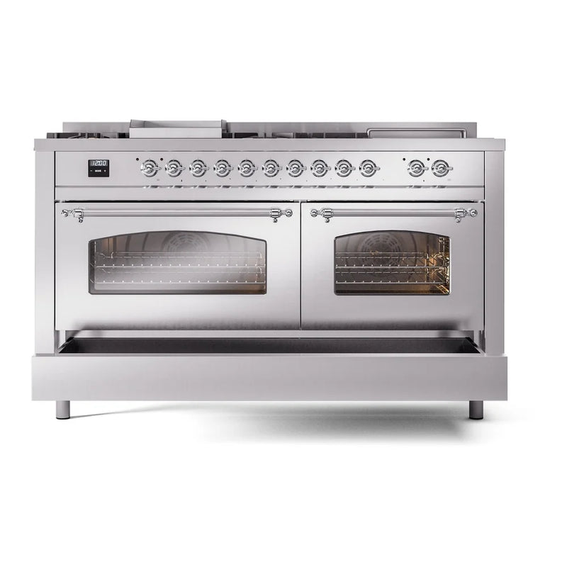 ILVE Nostalgie II 60" Dual Fuel Freestanding Range in Stainless Steel with Chrome Trim, UP60FSNMPSSC