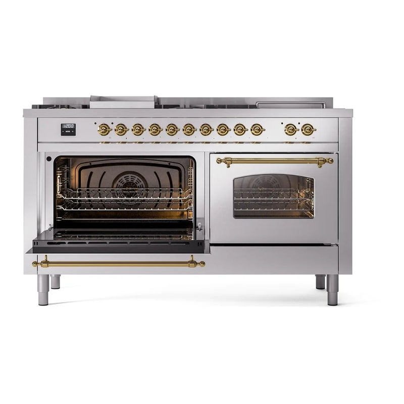 ILVE Nostalgie II 60" Dual Fuel Freestanding Range in Stainless Steel with Brass Trim, UP60FSNMPSSGLP