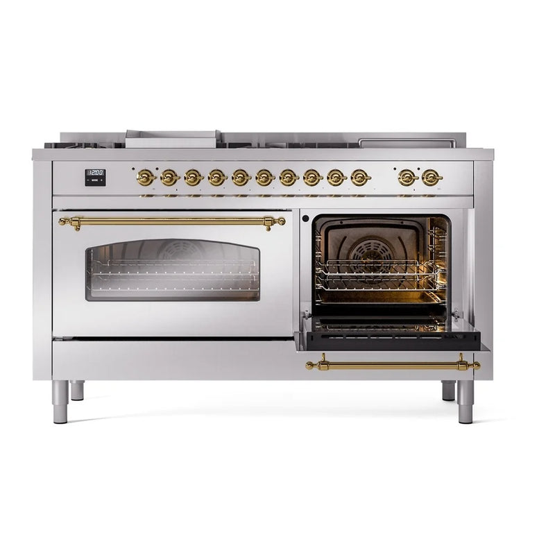ILVE Nostalgie II 60" Dual Fuel Freestanding Range in Stainless Steel with Brass Trim, UP60FSNMPSSGLP