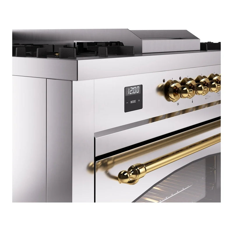 ILVE Nostalgie II 60" Dual Fuel Freestanding Range in Stainless Steel with Brass Trim, UP60FSNMPSSGLP