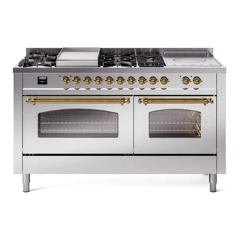 ILVE Nostalgie II 60" Dual Fuel Freestanding Range in Stainless Steel with Brass Trim, UP60FSNMPSSG