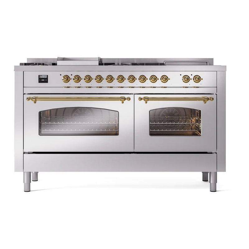ILVE Nostalgie II 60" Dual Fuel Freestanding Range in Stainless Steel with Brass Trim, UP60FSNMPSSG