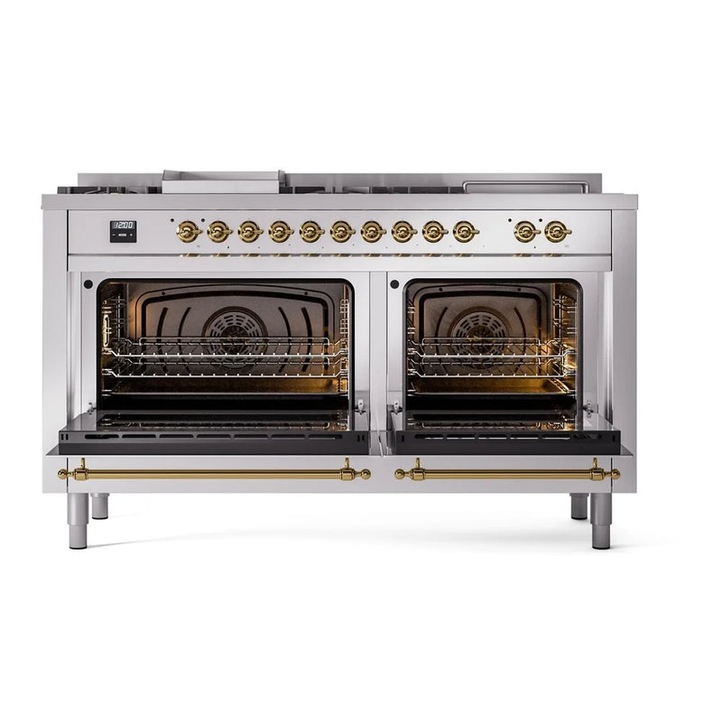 ILVE Nostalgie II 60" Dual Fuel Freestanding Range in Stainless Steel with Brass Trim, UP60FSNMPSSG