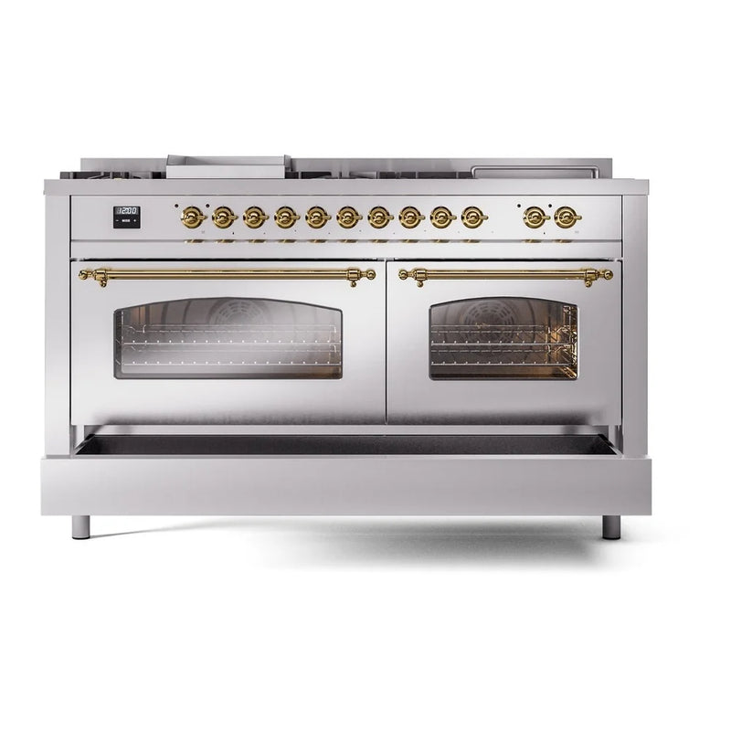 ILVE Nostalgie II 60" Dual Fuel Freestanding Range in Stainless Steel with Brass Trim, UP60FSNMPSSG