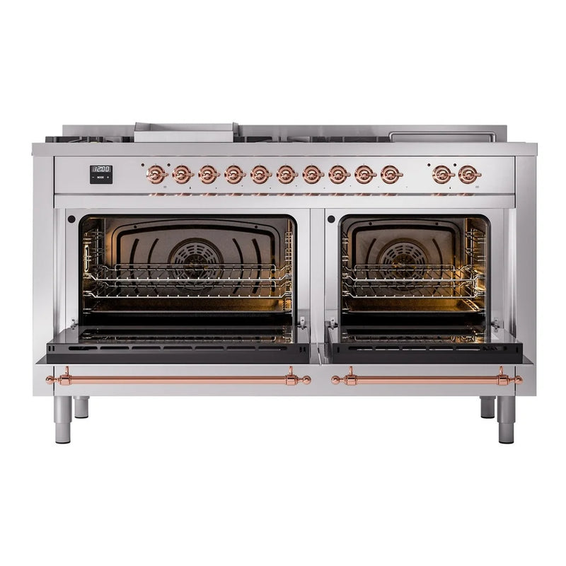 ILVE Nostalgie II 60" Dual Fuel Freestanding Range in Stainless Steel with Copper Trim, UP60FSNMPSSPLP