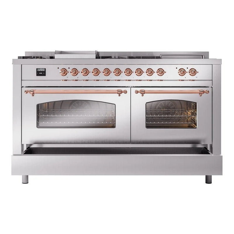 ILVE Nostalgie II 60" Dual Fuel Freestanding Range in Stainless Steel with Copper Trim, UP60FSNMPSSPLP