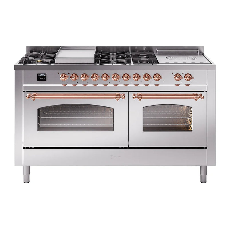 ILVE Nostalgie II 60" Dual Fuel Freestanding Range in Stainless Steel with Copper Trim, UP60FSNMPSSP