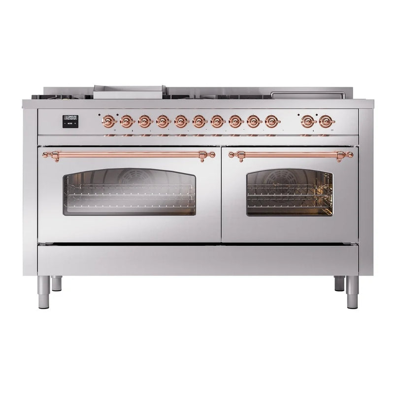 ILVE Nostalgie II 60" Dual Fuel Freestanding Range in Stainless Steel with Copper Trim, UP60FSNMPSSP