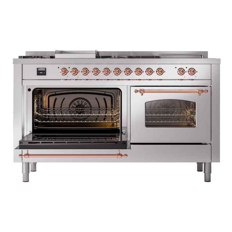 ILVE Nostalgie II 60" Dual Fuel Freestanding Range in Stainless Steel with Copper Trim, UP60FSNMPSSP