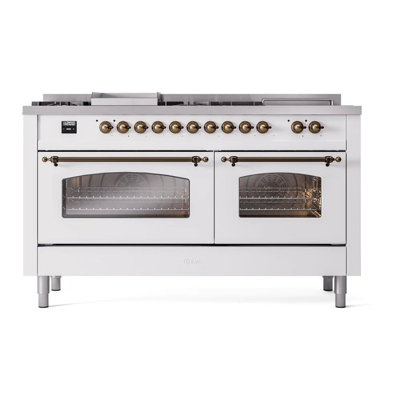ILVE Nostalgie II 60" Dual Fuel Freestanding Range in White with Burnished Trim, UP60FSNMPWHBLP