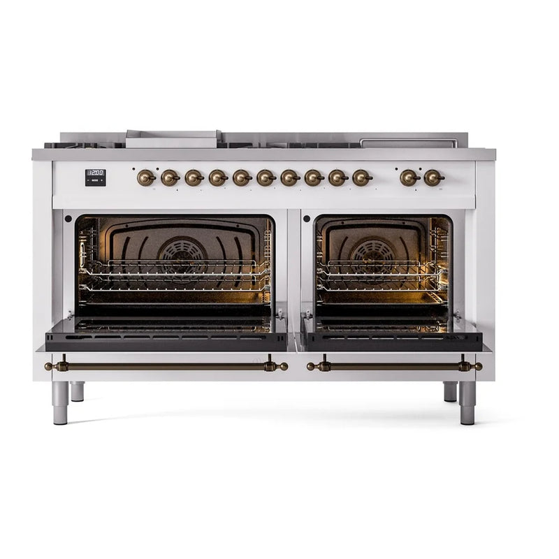 ILVE Nostalgie II 60" Dual Fuel Freestanding Range in White with Burnished Trim, UP60FSNMPWHBLP
