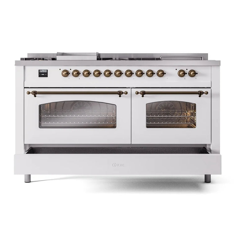 ILVE Nostalgie II 60" Dual Fuel Freestanding Range in White with Burnished Trim, UP60FSNMPWHBLP
