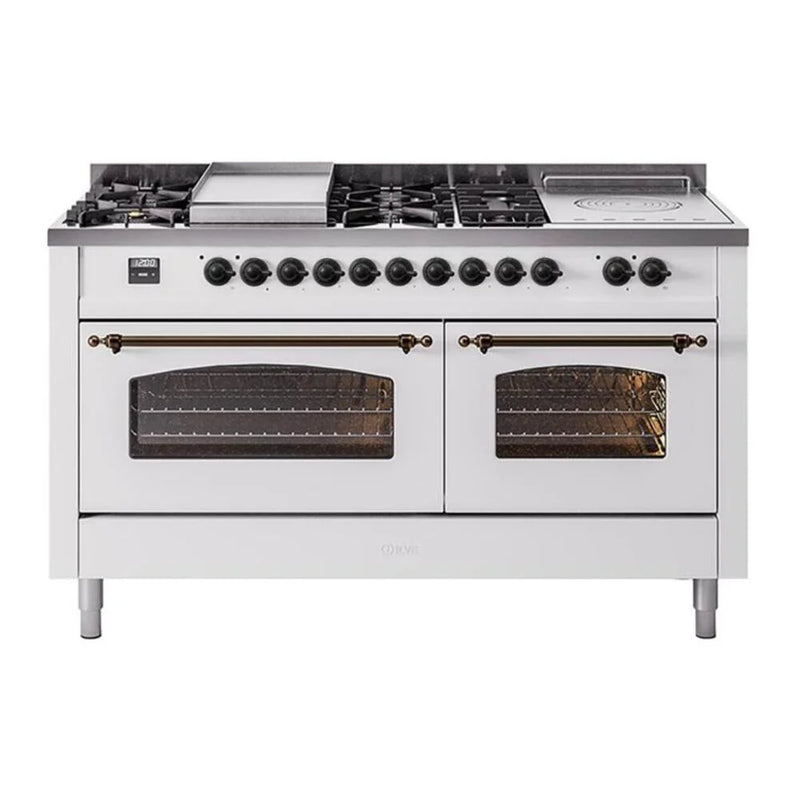 ILVE Nostalgie II 60" Dual Fuel Freestanding Range in White with Burnished Trim, UP60FSNMPWHB