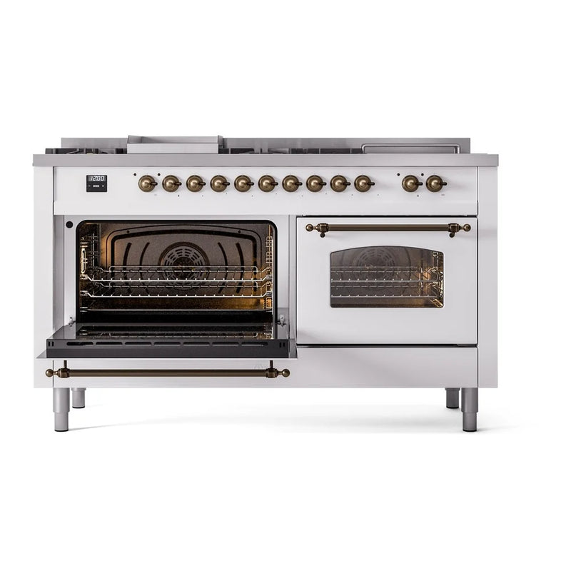 ILVE Nostalgie II 60" Dual Fuel Freestanding Range in White with Burnished Trim, UP60FSNMPWHB