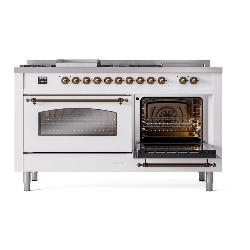 ILVE Nostalgie II 60" Dual Fuel Freestanding Range in White with Burnished Trim, UP60FSNMPWHB