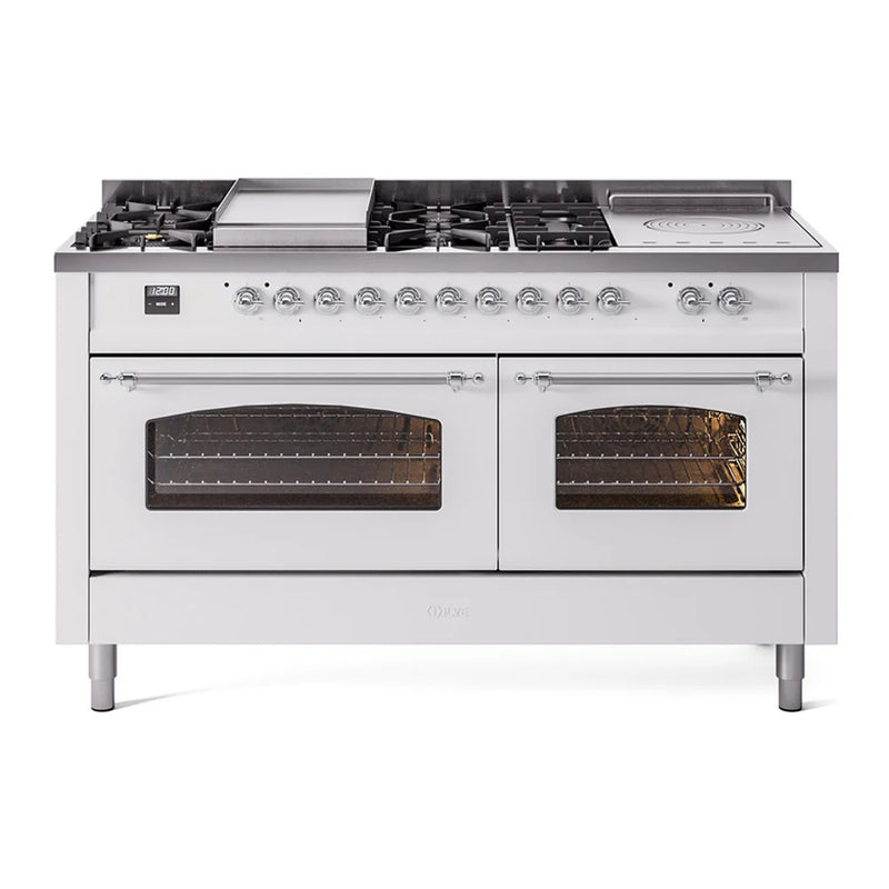 ILVE Nostalgie II 60" Dual Fuel Freestanding Range in White with Chrome Trim, UP60FSNMPWHCLP