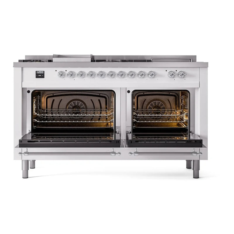 ILVE Nostalgie II 60" Dual Fuel Freestanding Range in White with Chrome Trim, UP60FSNMPWHCLP