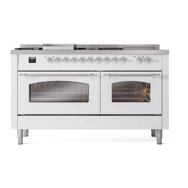 ILVE Nostalgie II 60" Dual Fuel Freestanding Range in White with Chrome Trim, UP60FSNMPWHC
