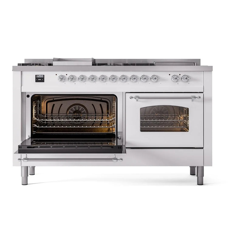 ILVE Nostalgie II 60" Dual Fuel Freestanding Range in White with Chrome Trim, UP60FSNMPWHC