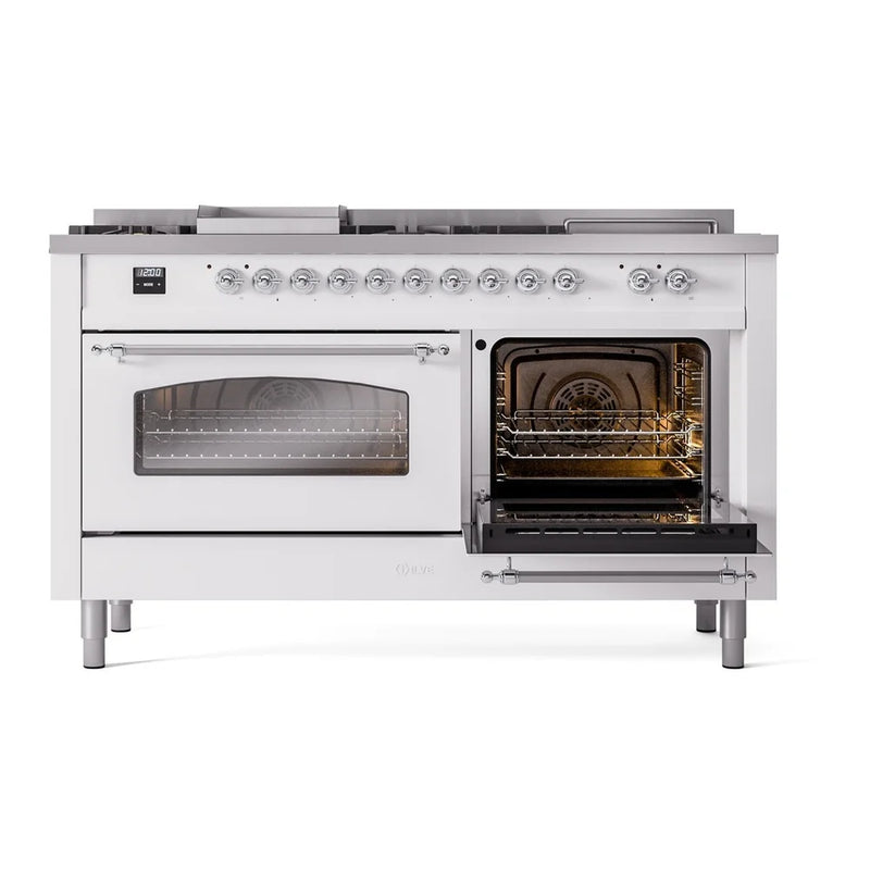 ILVE Nostalgie II 60" Dual Fuel Freestanding Range in White with Chrome Trim, UP60FSNMPWHC