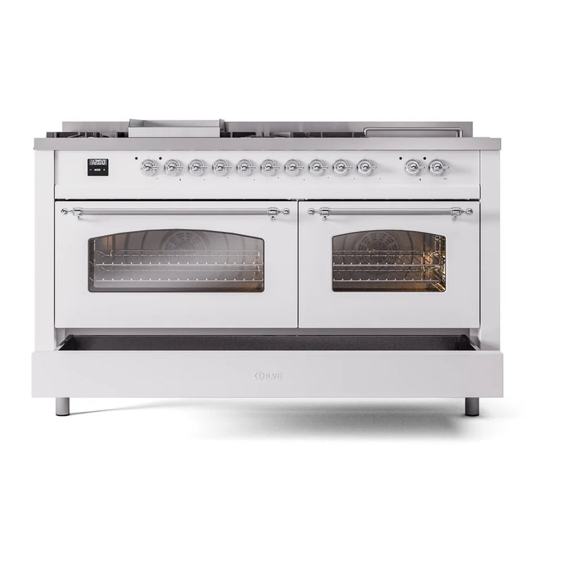ILVE Nostalgie II 60" Dual Fuel Freestanding Range in White with Chrome Trim, UP60FSNMPWHC