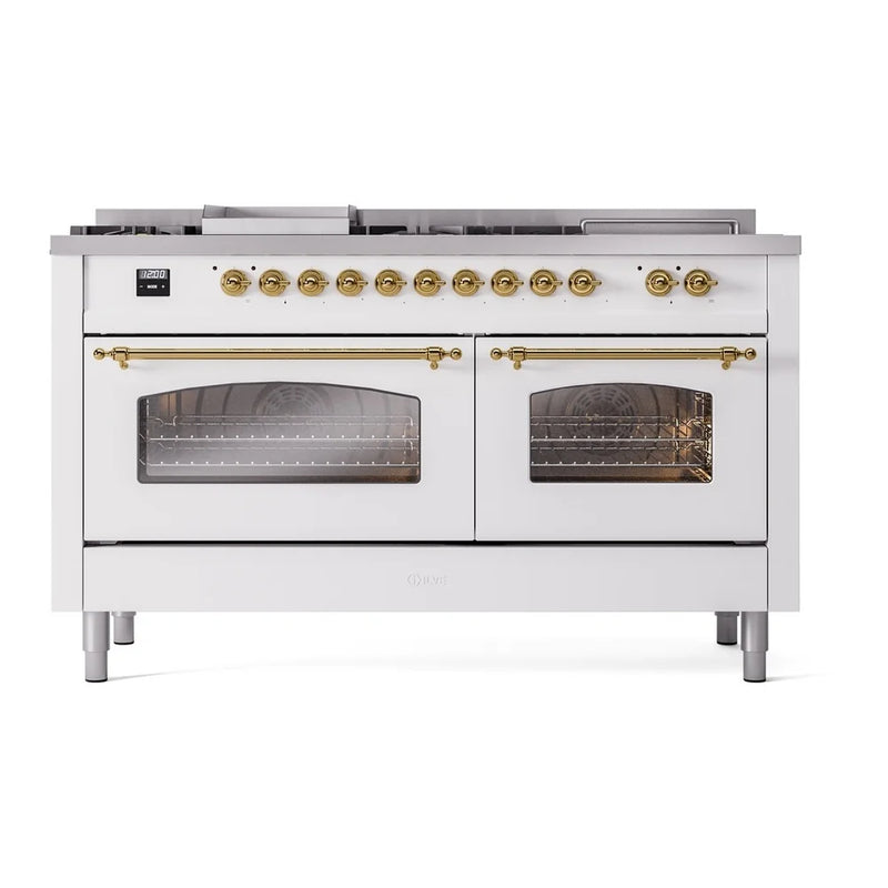 ILVE Nostalgie II 60" Dual Fuel Freestanding Range in White with Brass Trim, UP60FSNMPWHGLP