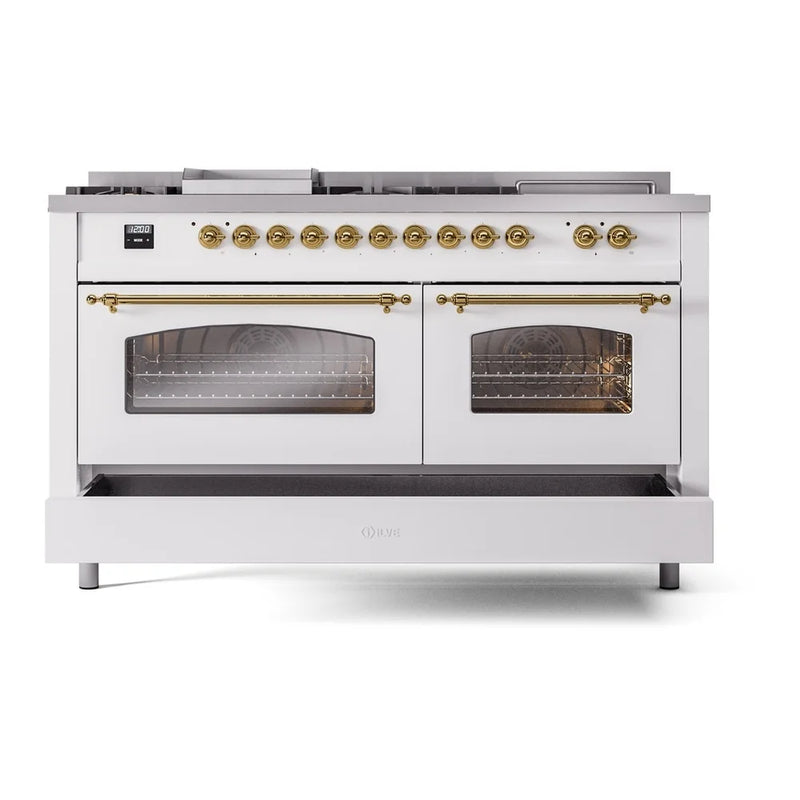 ILVE Nostalgie II 60" Dual Fuel Freestanding Range in White with Brass Trim, UP60FSNMPWHGLP