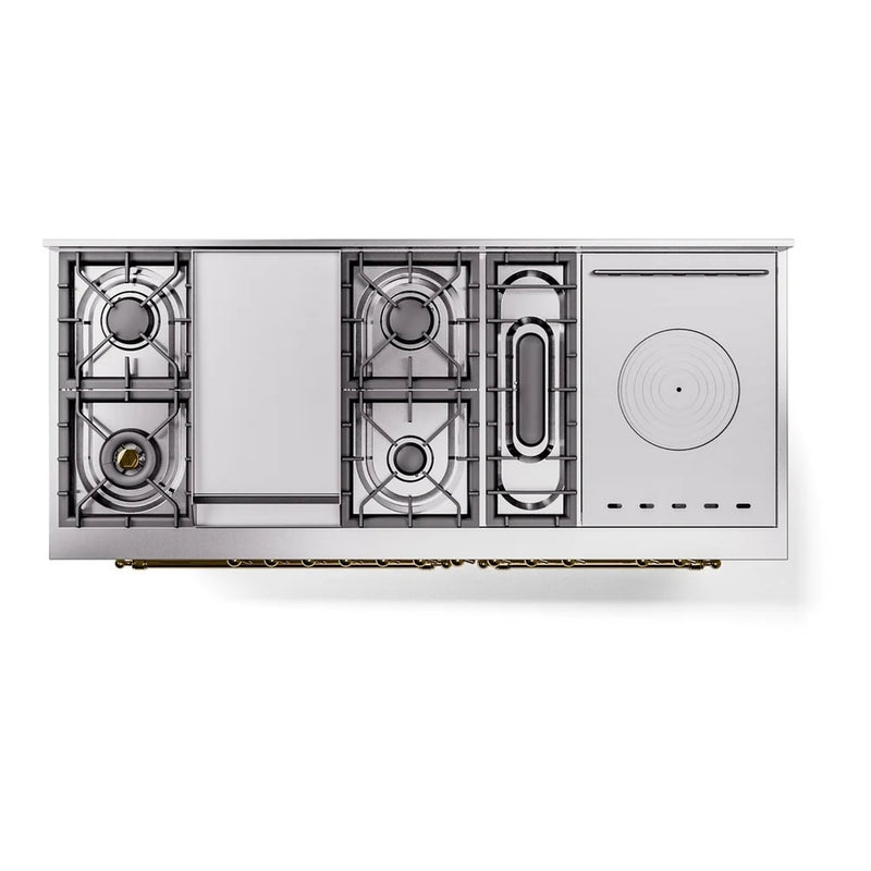 ILVE Nostalgie II 60" Dual Fuel Freestanding Range in White with Brass Trim, UP60FSNMPWHGLP