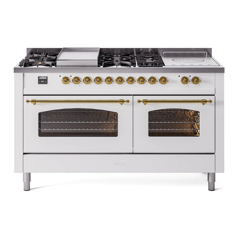 ILVE Nostalgie II 60" Dual Fuel Freestanding Range in White with Brass Trim, UP60FSNMPWHG