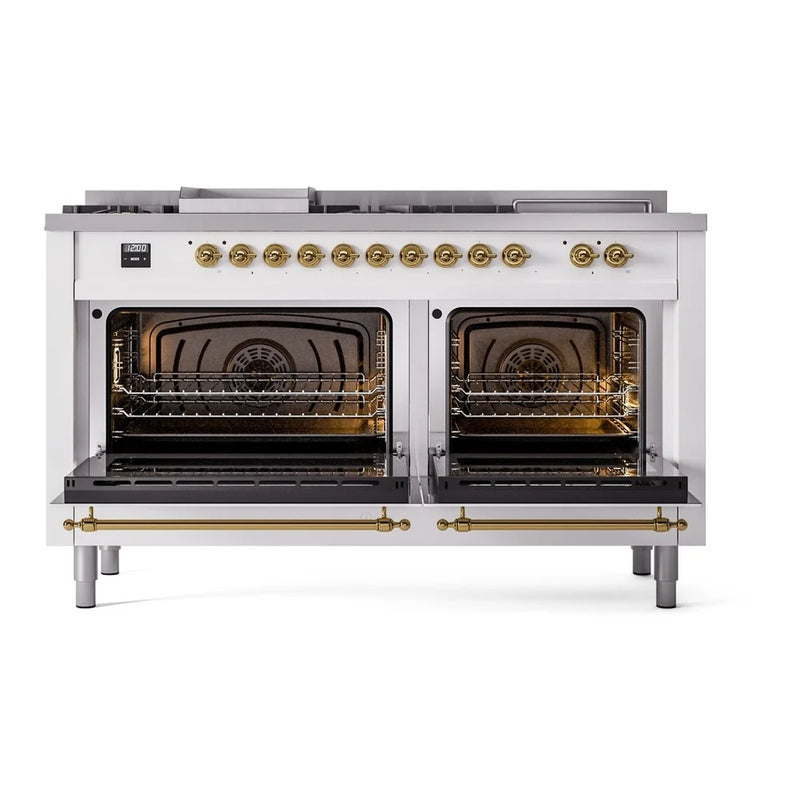 ILVE Nostalgie II 60" Dual Fuel Freestanding Range in White with Brass Trim, UP60FSNMPWHG